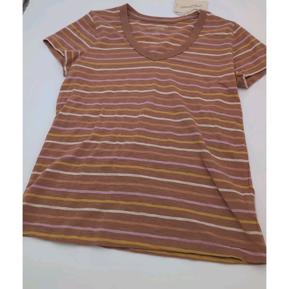 NWT Universal Thread Women's Small Brown Stripe Short Sleeve V-Neck T-Shirt